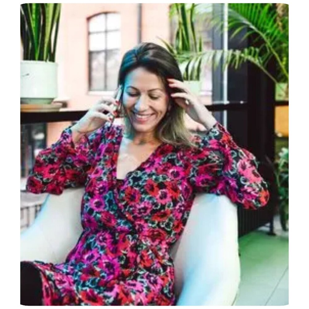 H&M Divided Red Fuchsia Pink Black Floral Faux Wrap Long Sleeve Dress Size M